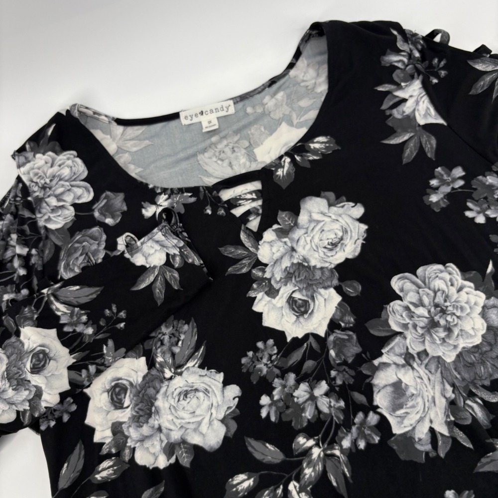 Eye Candy Black White Rose Floral‎ Lattice Shoulder Detail Dress Plus Size 3X